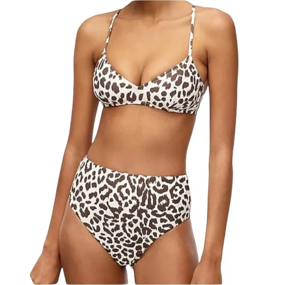 J Crew French Cross back High Cut Waist Bikini in Leopard Size XS NWT